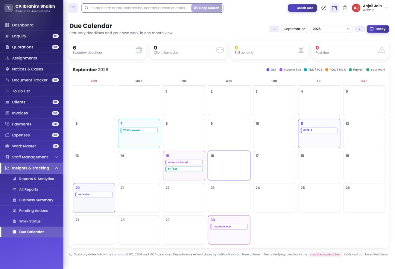 The Due Calendar: a month laid out day by day with the statutory deadlines and the client work falling on each date.